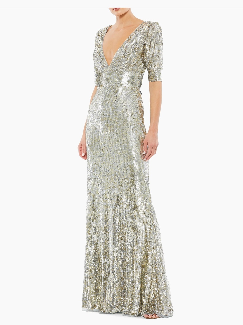 Mac Duggal Silver Sequin V-Neck Maxi Gown